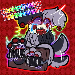 anthro blush blush_lines bodily_fluids clothing clown crying_laughing feet fool's_hat foot_focus hat headgear headwear jester laugh male pawpads paws solo tail tail_motion tailwag tears tickle_fetish tickle_torture tickling tickling_feet tickling_machine tuvandalist jest_(fnaf) canid canine canis domestic_dog mammal 1:1 hi_res