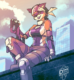 anthro city city_background clothing cyberpunk female gun looking_at_viewer prosthetic racoon_mammal ranged_weapon sky solo weapon josiedink hi_res