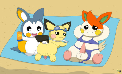 anus balls beach beach_towel bikini bikini_aside clothed clothing clothing_aside crossdressing crossdressing_male eyewear eyewear_on_head female female_feral feral fur genitals goggles goggles_on_head group hand_on_butt logo male male_feral male_focus nude orange_body orange_fur penis penis_size_difference sheathed_tapering_penis sunscreen swimwear swimwear_aside tapering_penis towel trio two-piece_swimsuit vulva white_body white_fur x_anus yellow_body yellow_fur pichu90 nintendo pokemon nise_pawmo sparks_pichu yarn_emolga emolga generation_2_pokemon generation_5_pokemon generation_9_pokemon pawmo pichu pokemon_(species) artist_logo hi_res