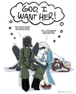 aircraft anthro clothed clothing dialogue duo female female/female flight_suit lesbian_thoughts machine nurse_clothing nurse_uniform sitting tape text toolbag tools treating_wounds uniform vehicle bunchasticks bombardier learjet_35 su-47 sukhoi mayday_(bunchasticks) vlada_(bunchasticks) aeromorph living_aircraft living_machine living_vehicle english_text hi_res
