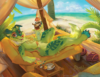 anthro areola beach breasts claws clitoris cloud day female finger_claws fur genitals green_body green_fur looking_at_viewer nipples open_mouth open_smile pawpads pink_nose pink_pawpads sky smile snout solo tail toe_claws vulva water avoid_posting sixthleafclover canid canine canis domestic_dog mammal shaded