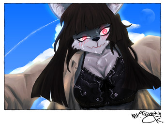 anthro black_bra black_clothing black_lace black_underwear blush blush_lines bodily_fluids bra clothing female lace_bra solo spiral spiral_eyes sweat sweatdrop underwear mr.foxman himezawa_lawchi canid canine canis mammal wolf absurd_res hi_res