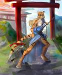 4_toes anthro biped blonde_hair blue_eyes breasts clothed clothing day detailed_background digitigrade dress feet female fur hair hindpaw holding_object holding_weapon long_hair melee_weapon orange_body orange_fur outside paws polearm smile solo standing striped_body striped_fur stripes swordstaff toes torii weapon araivis-edelveys felid mammal pantherine tiger hi_res