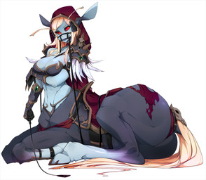 armor big_breasts breasts bridle female female_taur lying monster_girl_(genre) red_eyes reins riding_crop saddle simple_background solo split_form taurification taurified whip white_background slugbox blizzard_entertainment european_mythology greek_mythology mythology warcraft sylvanas_windrunner centaur equid equid_taur humanoid_taur mammal mammal_taur taur