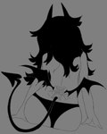 back_wings clothed clothing dutch_angle female grey_background hair long_hair membrane_(anatomy) membranous_wings not_furry panties rear_view simple_background sitting solo spade_tail tail tattoo tramp_stamp underwear wings kaijugrill demon demon_humanoid humanoid tailed_humanoid 2025 digital_media_(artwork) greyscale monochrome sketch