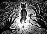 anthro bottomwear branch clothed clothing detailed_fur fantasy fire firelight fully_clothed fur gesture hand_gesture looking_at_another male pants plant pointing pointing_at_another rear_view solo standing surrealism tail topwear tree visual_metaphor nikraccoom canid canine canis mammal wolf cross-hatching detailed hatching_(art) hi_res shaded