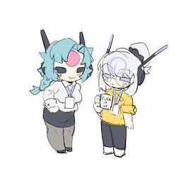 4_fingers ambiguous_gender antennae_(anatomy) black_eyes blue_eyes blush bottomwear braided_hair clothing coffee_cup container cup duo facial_markings female fingers footwear forehead_markings hair hair_bun head_markings lanyard legwear markings office_attire pants shirt shoes simple_background skirt tights topwear yellow_clothing yellow_shirt yellow_topwear alretta rain_world videocult looks_to_the_moon_(rain_world) swan_song_(alretta) human humanoid iterator_(rain_world) mammal colored_sketch sketch
