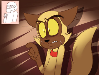 anthro black_eyes black_nose bodily_fluids brown_body brown_ears brown_fur brown_tail clenched_teeth collar fur gesture hand_gesture male multicolored_body multicolored_fur nervous pointing red_collar solo standing sweat tail teeth three-quarter_view two_tone_body two_tone_fur yellow_sclera 8-bit-britt bunnicula_(series) chester_(bunnicula) domestic_cat felid feline felis mammal 2017 digital_media_(artwork)