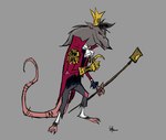 anthro barefoot biped black_nose clothed clothing crown feet fur grey_background grey_body grey_fur headgear male red_eyes simple_background solo standing tail jose_lopez moon_girl_and_devil_dinosaur rat_king_(moon_girl_and_devil_dinosaur) mammal murid murine rat rodent 2023 full-length_portrait hi_res portrait signature