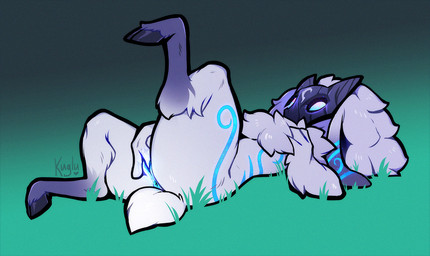 anthro anus biped dipstick_ears dipstick_limbs ear_markings female fingering fluffy fluffy_chest fondling fur genitals glowing glowing_eyes glowing_genitalia glowing_markings glowing_vulva grass hoof_curl hooves lying markings mask masturbation multicolored_ears on_back plant self_fondle self_grope solo tail vaginal vaginal_fingering vaginal_masturbation vulva white_body white_fur kuglu league_of_legends riot_games tencent kindred_(lol) lamb_(lol)