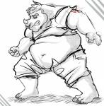 anthro barefoot belly big_belly biped captainjusticevirtsuoso clenched_teeth clothed clothing eyes_closed facial_piercing feet hair hi_res horn human human_to_anthro male mammal midriff navel nose_piercing nose_ring overweight overweight_male piercing rhinoceros ring_piercing simple_background solo species_transformation teeth torn_clothing transformation weight_gain
