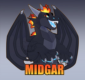 badge black_body blue_fingers blue_tongue claws horn male solo teeth tongue noodlethings mythology midgar_(noodlethings) dragon mythological_creature mythological_scalie scalie hi_res