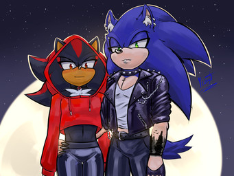 anthro bottomwear clothed clothing duo ear_piercing ear_ring eyebrow_piercing facial_piercing fingers fur hair hoodie jacket leather leather_clothing leather_jacket leather_topwear lip_piercing lip_ring looking_at_viewer male midriff navel pants piercing ring_piercing smile standing tail topwear aoibeast sega sonic_the_hedgehog_(series) shadow_the_hedgehog sonic_the_hedgehog eulipotyphlan hedgehog mammal 4:3 absurd_res digital_media_(artwork) hi_res