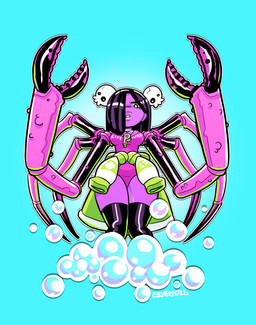 6_arms accessory alternate_species big_breasts black_clothing black_hair black_legwear black_stockings blue_background breasts bubble choker cleavage clothed clothing curvy_figure eyebrows eyelashes female freckled_face freckles hair hair_accessory hair_over_eye half-closed_eyes hourglass_figure jewelry legwear lifeguard_swimsuit lips long_hair looking_at_viewer low-angle_view multi_arm multi_limb narrowed_eyes necklace open_mouth pincers pink_one-piece_swimsuit purple_body purple_skin simple_background skull_accessory solo standing stockings swimwear text text_on_clothing text_on_swimwear thick_lips thick_thighs whistle_around_neck white_choker white_eyes white_jewelry white_necklace wide_hips yellow_sclera lobsteritus ayo_(lobsteritus) animal_humanoid arachnid arachnid_humanoid arthropod arthropod_humanoid crab_humanoid crustacean crustacean_humanoid humanoid marine marine_humanoid 2022 cel_shading dated digital_media_(artwork) english_text hi_res portrait shaded signature three-quarter_portrait