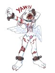 anthro blood blood_on_clothing bodily_fluids clothing cuff_(restraint) exposed_muscle female gore open_mouth restraints shackles sharp_teeth solo teeth wings yawn calmnivore conditional_dnp angel_(calmnivore) lagomorph mammal