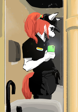 alternative_fashion anthro apron baseball_cap black_eyeliner black_eyeshadow cellphone clothing collared_shirt electronics eyeliner eyeshadow female fur goth hair hat headgear headwear makeup mirror mirror_selfie name_tag paper_towel_dispenser phone polo_shirt ponytail red_hair selfie shirt side_view sink smartphone solo topwear white_body white_fur selfdestructking equid equine horse mammal absurd_res digital_media_(artwork) hi_res portrait three-quarter_portrait