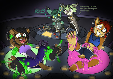 anthro bdsm blush bodily_fluids bondage bound crying_laughing cybernetics dialogue dominant dominant_anthro dominant_female feet female female/female group hologram humanoid_feet interrogation laugh machine plantigrade slime submissive submissive_anthro submissive_female sweat sweatdrop tears tears_on_cheek text tickle_torture tickling tickling_feet caroo archie_comics sega sonic_the_hedgehog_(archie) sonic_the_hedgehog_(comics) sonic_the_hedgehog_(series) cassia_the_pronghorn clove_the_pronghorn nicole_the_lynx sally_acorn chipmunk cyborg felid feline ground_squirrel lynx mammal pronghorn rodent sciurid english_text
