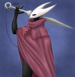 2_horns 4_fingers black_body black_exoskeleton black_eyes clothed clothing exoskeleton female fingers holding_melee_weapon holding_object holding_weapon horn melee_weapon side_view solo standing thread weapon white_head jodelr hollow_knight_(franchise) team_cherry hornet_(hollow_knight) arthropod 2025 hi_res