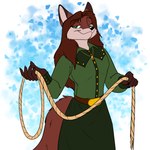 anthro belt black_nose brown_body brown_fur brown_hair clothed clothing dress female fur green_eyes hair jewelry lasso necklace smile smirk solo foxenawolf diana_artemis canid canine fox mammal 1:1