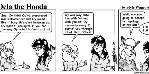 angry anthro breasts clothed clothed_female clothing dialogue dipstick_ears ear_markings eyewear female glasses group multicolored_ears shirt text topwear trio style_wager dela_the_hooda dela_aldershaw edith_picadelly sue_chan_(dela_the_hooda) canid canine fox hooda human mammal mouse murid murine rodent 2000 comic english_text greyscale monochrome