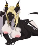 accessory anthro big_breasts black_body black_hands black_scales black_sclera blonde_eyebrows blonde_hair breasts claws eyebrows female furgonomics hair horn horn_accessory jewelry kemono long_tongue nipples nude scales simple_background solo tongue white_background white_body white_inner_ear white_skin wings yellow_eyes quququl miraaj_(crabble) scalie absurd_res hi_res