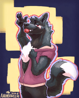 anthro black_body black_fur bottomless clothed clothing fur gesture hoodie miller_kurai red_eyes red_tongue salute smile solo tongue topwear animancer canid canine canis fox hybrid mammal wolf 2025 half-length_portrait hi_res portrait