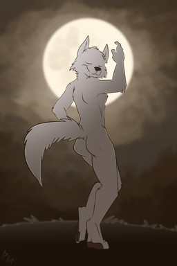 anthro biped black_nose butt cheek_tuft closed_smile dancing digitigrade eyes_closed facial_tuft full_moon fur grey_body grey_fur male moon mouth_closed night nude outside pawpads rear_view smile solo tuft fuf canid canine canis mammal wolf 2019 2:3 hi_res