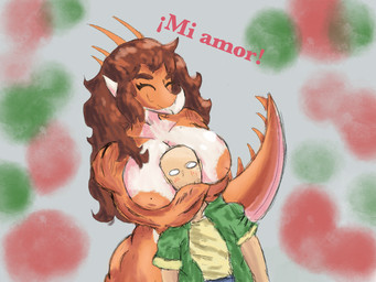anthro areola bald big_breasts biped blush breast_pillow breasts brown_hair clothed clothing dominant dominant_anthro dominant_female duo eyes_closed female front_view green_clothing green_jacket green_topwear hair happy hug hugging_another hugging_from_behind human_on_anthro interspecies jacket larger_anthro larger_female long_hair long_tail love male male/female nipples non-mammal_breasts non-mammal_nipples nude nude_anthro nude_female open_clothing open_jacket open_topwear orange_areola orange_nipples romantic romantic_couple shirt simple_background size_difference smaller_human smaller_male smile spiked_tail spikes spikes_(anatomy) standing surprised tail text topwear wide_eyed yellow_clothing yellow_shirt yellow_topwear caldinie1 cavemanon_studios goodbye_volcano_high ko_op_(game_developer) snoot_game anon_(snoot_game) rosa_(gvh) aquilops ceratopsian dinosaur human mammal marginocephalian ornithischian prehistoric_species reptile scalie 2024 4:3 colored hi_res shaded spanish_text