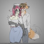 anthro breast_squish breasts duo embarrased_horny eyewear female glasses hair male male/female pink_hair seductive squish aleksikashvets bear canid canine fox giant_panda mammal 1:1 absurd_res hi_res