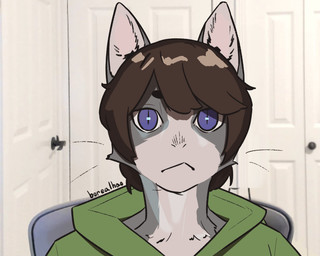 anthro bangs blank_stare blue_eyes brown_hair casual_clothing chair clothing deadpan door ears_up front_view fur furniture green_clothing grey_body grey_fur hair hoodie inside light_body light_fur multicolored_body multicolored_fur neutral_expression on_chair parody photo_background short_hair sitting sitting_on_chair solo topwear two_tone_body two_tone_fur borealhao linus_tech_tips sad_linus sonia_(burachn1k) felid feline mammal 5:4 bust_portrait hi_res meme mixed_media photography_(artwork) portrait redraw signature