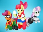 amber_eyes clothing ear_piercing feathered_wings feathers female feral green_eyes group horn orange_body orange_feathers parody piercing wings blackbewhite2k7 dc_comics friendship_is_magic hasbro my_little_pony mythology apple_bloom_(mlp) cutie_mark_crusaders_(mlp) robin_(dc) scootaloo_(mlp) supergirl sweetie_belle_(mlp) wonder_girl earth_pony equid equine horse mammal mythological_creature mythological_equine pegasus pony unicorn 2013 crossover hi_res