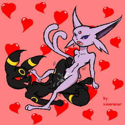 anthro anthrofied blush blush_lines bodily_fluids duo feet female female/female genital_fluids genitals heart_background heart_pattern nude pattern_background paws pink_background pokemorph sex simple_background toes tribadism vaginal vaginal_fluids vulva xionracer nintendo pokemon eeveelution espeon generation_2_pokemon pokemon_(species) umbreon 1:1 low_res