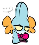 annoyed blue_body bow_(feature) bow_ribbon cheek_fins clothed clothing dress ellipsis emanata female freckles hand_on_cheek looking_away simple_background solo young young_female 1upgobbo nintendo pokemon noh_(1upgobbo) generation_3_pokemon mudkip pokemon_(species) 2023