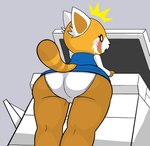 anthro blush bottomwear butt camel_toe clothed clothing female furgonomics looking_back low-angle_view panties panty_shot pencil_skirt photocopier shocked simple_background skirt solo tail tail_through_skirt underwear white_clothing white_panties white_underwear paradox-sin aggretsuko sanrio retsuko ailurid mammal red_panda