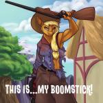 anthro anthrofied barn belt blonde_hair bottomwear building chainsaw clothed clothing cloud cowboy_hat dialogue eyebrows eyelashes female freckles fur green_eyes gun hair hat headgear headwear holding_gun holding_object holding_ranged_weapon holding_weapon humanoid_hands long_hair looking_at_viewer mountain muscular muscular_anthro muscular_female orange_body orange_fur outside pants plant power_tool raised_arm ranged_weapon shirt shotgun sky solo standing text tools topwear torn_clothing tree weapon alorix army_of_darkness friendship_is_magic hasbro my_little_pony applejack_(mlp) earth_pony equid equine horse mammal pony 1:1 2017 english_text