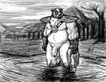 anthro balls flaccid foreskin genitals humanoid_genitalia humanoid_hands humanoid_penis lake male musclegut muscular outside overweight overweight_anthro overweight_male penis solo water caesarcub badger mammal mustelid musteline 2013 black_and_white monochrome