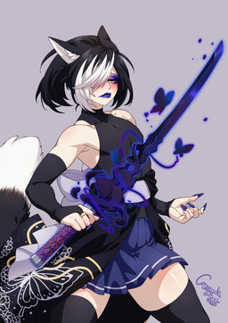 5_fingers biped black_hair blush bottomwear clothed clothing crossdressing dipstick_tail femboy fingers hair hair_over_eye holding_melee_weapon holding_object holding_sword holding_weapon inner_ear_fluff katana male markings melee_weapon one_eye_obstructed skirt solo sword tail tail_markings tuft weapon crescentia_fortuna mitama_yozora animal_humanoid canid canid_humanoid canine canine_humanoid fox_humanoid humanoid mammal mammal_humanoid tailed_humanoid hi_res
