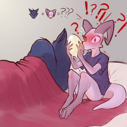 anthro bed blush bodily_fluids bottomless clothed clothing duo egg exclamation_point female furniture genital_fluids interrobang interspecies male male/female nervous oviposition partially_clothed question_mark shaking shivering shocked sitting sleeping tail tapering_tail topwear vaginal_fluids vaginal_oviposition jarnqk lya_(jarnqk) canid canine canis kobold mammal reptile scalie wolf 1:1 absurd_res digital_media_(artwork) hi_res shaded