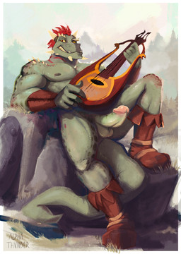 5_fingers anthro armor balls biceps biped boots bracers clothing erection feathers fingers footwear genitals green_body green_scales grin horn humanoid_genitalia humanoid_penis looking_at_viewer lute male mostly_nude musical_instrument nipples non-mammal_balls outside pecs penis playing_music plucked_string_instrument reclining red_body red_feathers rock scales shoes simple_background sitting smile solo spikes spines string_instrument stripes alpha-thunder bethesda_game_studios microsoft skyrim the_elder_scrolls argonian scalie digital_media_(artwork) digital_painting_(artwork) full-length_portrait hi_res painting_(artwork) portrait