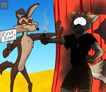 anthro brown_body brown_fur clothed clothing duo fur gloves_(marking) half-closed_eyes male markings narrowed_eyes nude outside sign tail tan_body tan_fur torn_clothing yellow_eyes foxenawolf looney_tunes warner_brothers gohan_(sonofgoku) wile_e._coyote canid canine canis coyote mammal adversarial_noise