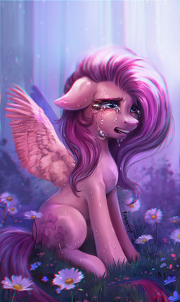 blue_eyes bodily_fluids crying cutie_mark ears_down feathers female feral flower fur grass hair long_hair pink_hair pink_tail pivoted_ears plant sitting solo tail tears teeth wings yellow_body yellow_feathers yellow_fur bananitryi friendship_is_magic hasbro my_little_pony mythology fluttershy_(mlp) equid equine mammal mythological_creature mythological_equine pegasus 2023 absurd_res digital_media_(artwork) hi_res