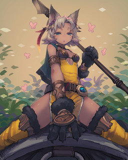 belt breasts cape clothing female gloves grey_hair hair half-closed_eyes handwear melee_weapon narrowed_eyes open_mouth polearm short_hair solo spear weapon deadflow cygames granblue_fantasy melleau animal_humanoid felid felid_humanoid humanoid mammal mammal_humanoid 2015 hi_res