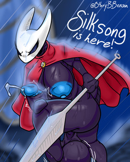 2_horns alternate_form anthro balls big_balls big_breasts big_butt big_penis big_penis_problems black_body black_eyes black_penis blue_nipples bodily_fluids breasts butt churning_balls cloak cloak_only clothing dripping_wet genital_fluids genitals gynomorph holding_object holding_weapon horn intersex jumping large_weapon mask mask_on_head mouthless nipples penis precum raining red_clothing simple_background solo tail text thick_penis thick_thighs topwear weapon barrybensonberry hollow_knight:_silksong hollow_knight_(franchise) team_cherry hornet_(hollow_knight) arthropod 2025 absurd_res colored digital_drawing_(artwork) digital_media_(artwork) english_text hi_res shaded signature