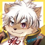 anthro asian_clothing blush brown_body brown_fur clothing east_asian_clothing eyebrows fur hair heterochromia japanese_clothing male smile solo thick_eyebrows white_hair young mokaron_kun lifewonders tokyo_afterschool_summoners masashi_(tas) canid canine canis domestic_dog mammal 1:1 2024 hi_res