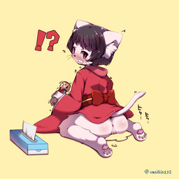 anthro anus asian_clothing biped blush bodily_fluids bow_(feature) bow_tie butt clothed clothing ear_tuft east_asian_clothing female fur genital_fluids genitals hair interrobang japanese_clothing kemono kimono kneeling kokeshi looking_at_viewer looking_back looking_pleasured no_underwear paws sex_toy simple_background solo spread_legs spreading surprised text tissue tissue_box torogao tuft vaginal_fluids vibrator vulva yellow_background young omunikin setsu_(omunikin) felid mammal 1:1 2017 japanese_text signature