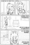 ambiguous_gender anthro blush blush_lines bottomwear building carpet clothing comic_panel door fence fur furniture grass hair horn lamp long_hair motion_lines pattern_clothing plant railing shorts sofa solo spots stairs striped_clothing stripes tail text topwear window yumuyumu mythology lei_(yumuyumu) bovid caprine dragon goat hybrid mammal mythological_creature mythological_scalie scalie 2:3 comic english_text hi_res monochrome