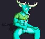 anthro antlers aritorches balls blue_body blue_fur bodily_fluids clothed clothing fur genitals green_body green_fur horn male penis shirt simple_background solo tl;dr topwear aridakatto youtube tl;dr_(character) deer mammal absurd_res digital_media_(artwork) hi_res