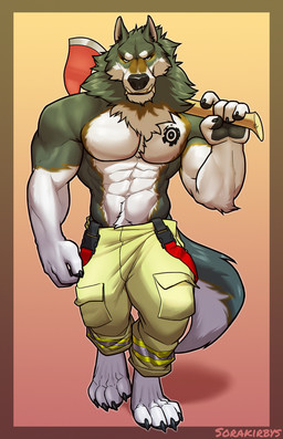 abs anthro axe bottomwear claws clothed clothing eyebrows fangs fur holding_axe holding_object male pants paws solo tattoo teeth topless sorakirbys 2022 hi_res watermark