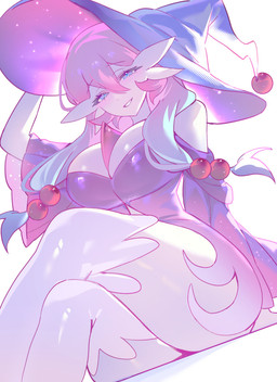 blue_eyes blue_hair breasts clothing dress female hair hat headgear headwear legwear looking_at_viewer low-angle_view pink_clothing pink_dress pink_hair simple_background solo thigh_highs white_background witch_hat chunniwa nintendo pokemon gardevoir generation_3_pokemon humanoid pokemon_(species) absurd_res hi_res