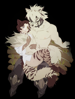 anthro clothing duo feet female fur hair heterochromia holding_tail looking_at_another male male/female simple_background sitting smile tail toes topwear white_body white_fur neisa mihoyo zenless_zone_zero von_lycaon canid canine canis domestic_cat felid feline felis mammal thiren wolf digital_media_(artwork) hi_res